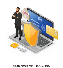 Computer and personal data protection banner. Laptop with login and fingerprint form protected shield and security guard. Isometric isolated vector illustration