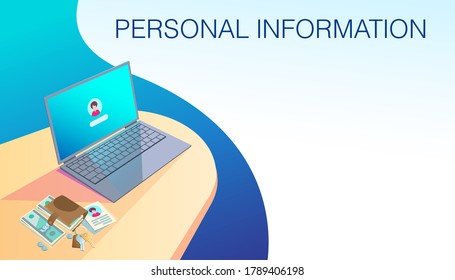 Computer and personal information. Working with PC finances, personal data. Illustration with laptop mock up for text.