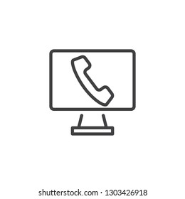 Computer phone call line icon. linear style sign for mobile concept and web design. Pc monitor with telephone handset outline vector icon. Symbol, logo illustration. Pixel perfect vector graphics