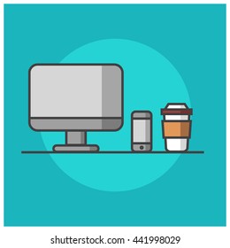 Computer Phone Coffee (Vector Illustration in Line Art Flat Style Design)