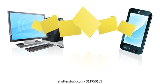 Computer phone file transfer concept of files or folders moving between a desktop computer and mobile phone
