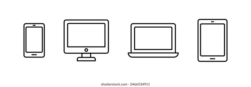 Computer, phone, laptop and tablet icon set. Electronic devices outline isolated illustration. Responsive display web design sign isolated.