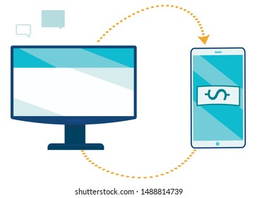 Computer and Phone Mobile Banking Synchronization. PC Monitor Connected with Smartphone. Wireless Money Transaction, Contactless Internet Payment, E-Wallet. Vector Cartoon Flat Illustration