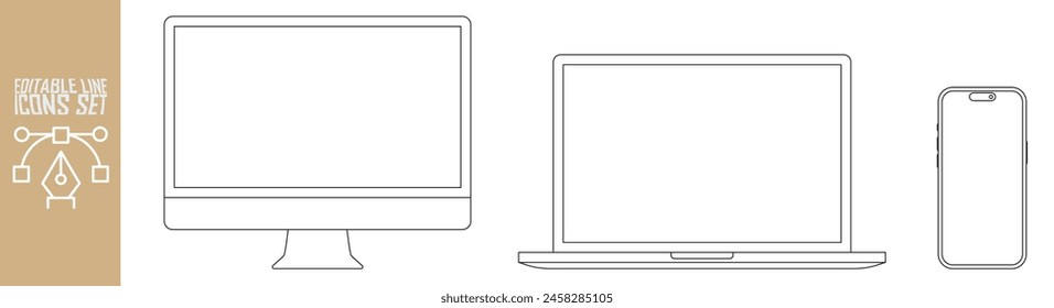 Conjunto de maquetas de ordenador y teléfono con escritorio, portátil. conjunto de iconos.