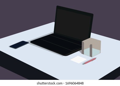 Computer, phone, notepad. The workplace of a business person. Vector color illustration.