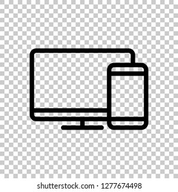 Computer and phone, outline linear icon. Black symbol on transparent background