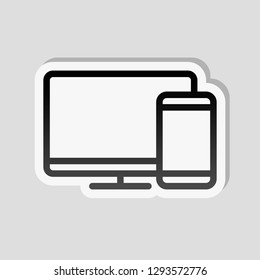 Computer and phone, outline linear icon. Sticker style with white border and simple shadow on gray background