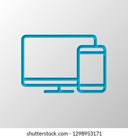 Computer and phone, outline linear icon. Paper design. Cutted symbol with shadow