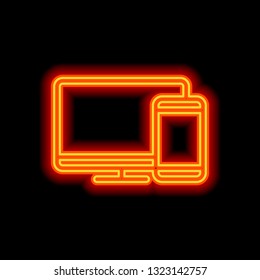 Computer and phone, outline linear icon. Orange neon style on black background. Light icon