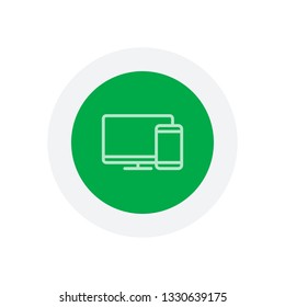 Computer and phone, outline linear icon. Icon in colored circle with gray bold border. Web button, modern flat design