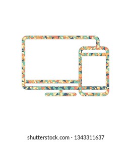 Computer and phone, outline linear icon. Colored mosaic with polygons