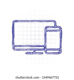 Computer and phone, outline linear icon. Hand drawn sketched picture with scribble fill. Blue ink. Doodle on white background