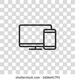 Computer and phone, outline linear icon. Black symbol on transparency grid