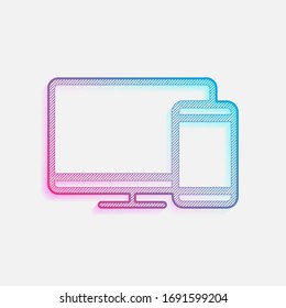 Computer and phone, outline linear icon. Colored logo with diagonal lines and blue-red gradient. Neon graphic, light effect