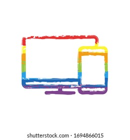Computer and phone, outline linear icon. Drawing sign with LGBT style, seven colors of rainbow (red, orange, yellow, green, blue, indigo, violet
