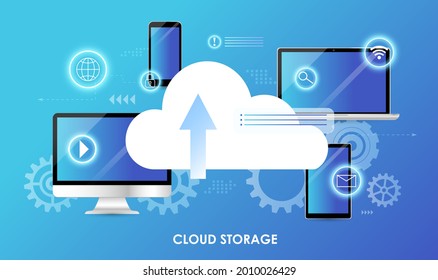 Computadora, teléfono, tablet, fondo de laptop. Almacenamiento en nube de red, hosting, servicio en línea, tecnología 5G. Nubes de servidores, información personal. Plantilla de página de inicio o banner web. Ilustración del vector
