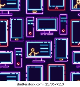 Computer, phone and tablet neon seamless pattern. Vector glowing background with tech and gadgets