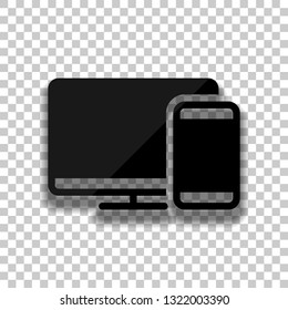 Computer and phone, technology icon. Black glass icon with soft shadow on transparent background