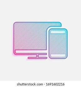Computadora y teléfono, icono de tecnología. Logo coloreado con líneas diagonales y degradado azul-rojo. Gráfico neón, efecto ligero