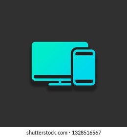 Computer and phone, technology icon. Colorful logo concept with soft shadow on dark background. Icon color of azure ocean