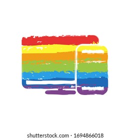 Computer and phone, technology icon. Drawing sign with LGBT style, seven colors of rainbow (red, orange, yellow, green, blue, indigo, violet