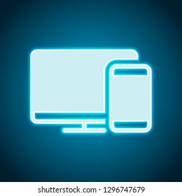 Computer and phone, technology icon. Neon style. Light decoration icon. Bright electric symbol