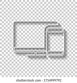 Computer and phone, technology icon. White outline sign with shadow on transparent background