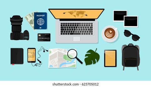 Computer, photo camera, coffee cup, sunglasses,passport,e book, map.Top view.Vector set.Flat style collection.Travel accessories and sings on table ready to be packed .Traveling concept . Web banner. 