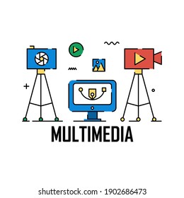 Computer, photo and video camera illustration. Easy to edit with vector file. Can use for your creative content. Especially about multimedia and technology.