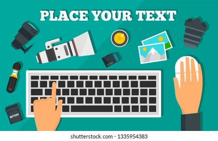 Computer photographer equipment concept banner. Flat illustration of computer photographer equipment vector concept banner for web design