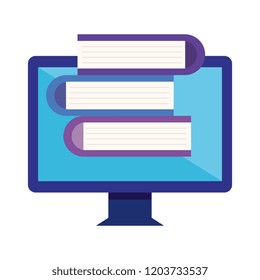computer with pile books
