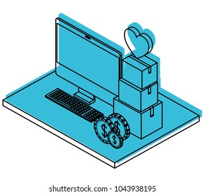 computer with pile boxes of heart and coins isometric