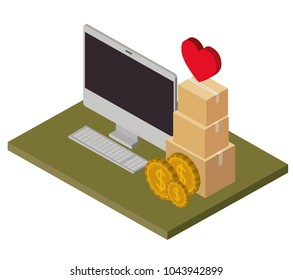 computer with pile boxes of heart and coins isometric