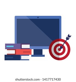 computer with pile text books and target