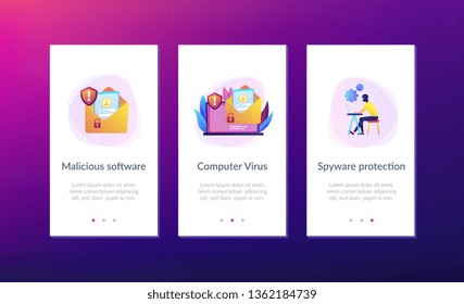 Pirata hacker de computador criar software projetado para causar danos a um computador, servidor ou rede de computador. Conceito de malware, vírus de computador, spyware. Modelo de interface de usuário móvel UX, wireframe da interface de aplicativo