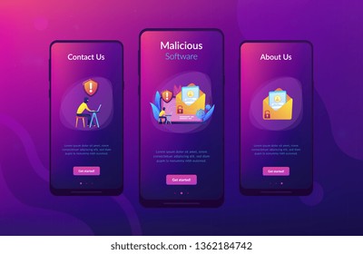 Computer pirate hacker create software designed to cause damage to a computer, server or computer network. Malware, computer virus, spyware concept. Mobile UI UX GUI template, app interface wireframe