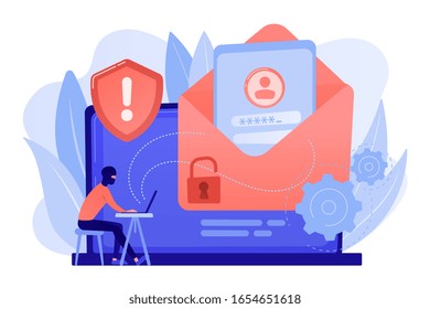 Computer pirate hacker create software designed to cause damage to a computer, server or computer network. Malware, computer virus, spyware concept. Pinkish coral bluevector isolated illustration