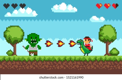 Computer pixel game interface, personage cavalier saddle astride a dinosaur with fire, 8 bit portrait view of fight troll monster and characters, hero battle in video-game. Pixelated ground with grass