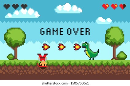 Computer pixel game interface, pixalated defeated personage near dinosaur with fire, 8 bit portrait view of fight monster and character, hero battle in video-game, you lose duel, game over text