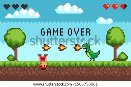 Computer pixel game interface, pixalated defeated personage near dinosaur with fire, 8 bit portrait view of fight monster and character, hero battle in video-game, you lose duel, game over text