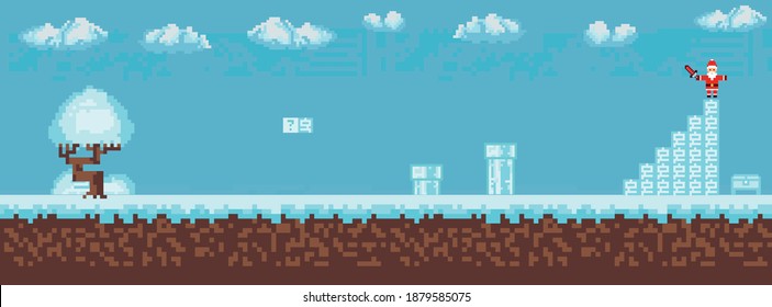 Computer pixel game interface, santa claus character, 8-bit view, hero battle in video game. Pixel winter with snow. vector