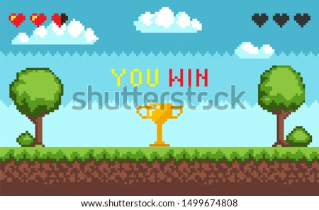 Computer pixel game interface, text you win over golden trophy goblet. Arcade game world and pixel scene design vector. Pixelated ground with grass, trees and layers, clouds at sky. 8 bit video-game