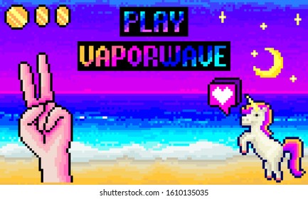 Computer pixel game, vector, retro background, 90s, 80s, 8 bit, vaporwave covers