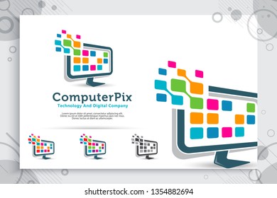 computer pixel vector logo with modern and simple concept designs, illustration monitor and pixel as a symbol icon of template digital technology computer