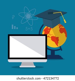 computer planet graduation cap education learning school icon. Colorful design. Vector illustration