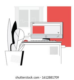 Computer And Plant In Office With Desktop  