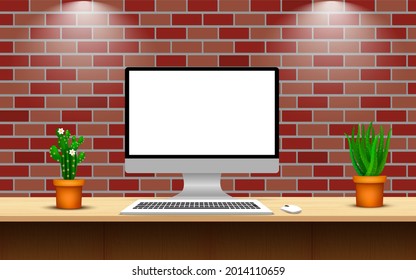 computer and plant on the wooden table in work room in the home