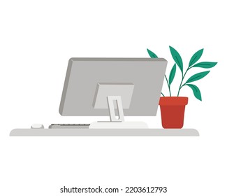 computer and plantpot over white