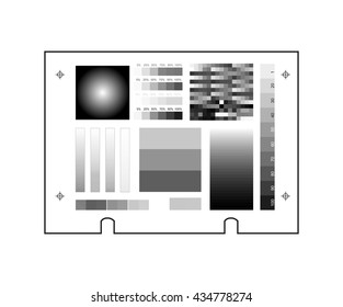 Computer to plate department. CTP technology printing processes. Plate vector icon with test gradient, press and print marks. Print grey set by ten percent. Gray balance. Black separation in RIP.