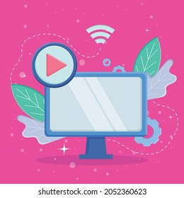 computadora con botón de reproducción de tema de marketing digital